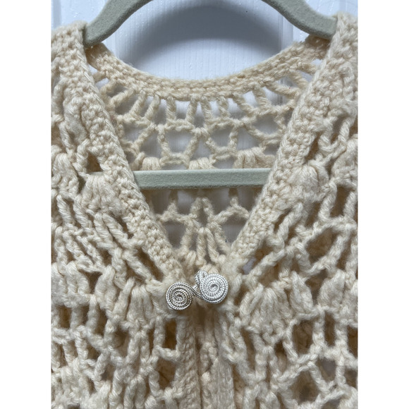 VTG. Crochet Sweater Cape Cardigan Womens M Open Knit Boho Festival Fairy 70s - Picture 7 of 12